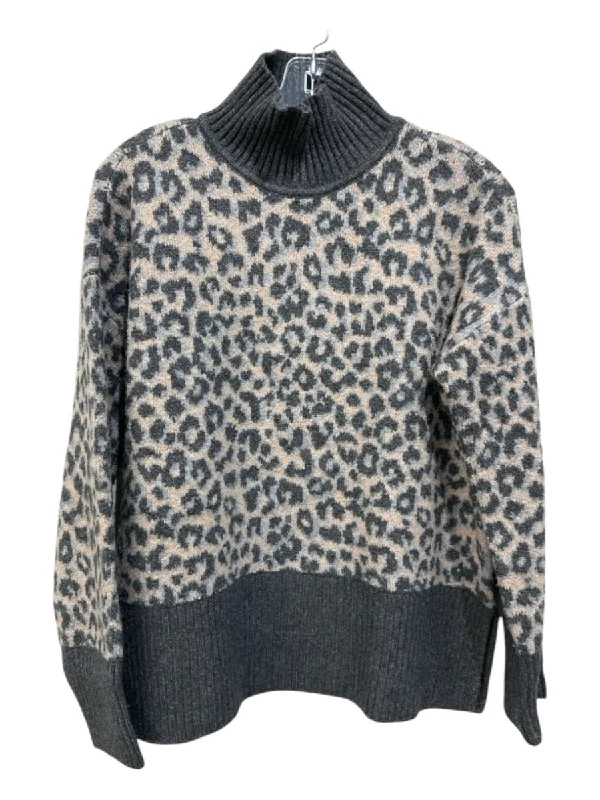 Classic Series Marled Size S Beige & Gray Polyester Animal Print Turtleneck Side Slits Sweater