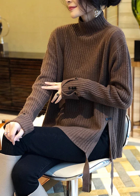 Elegant Design Retro Brown Turtleneck Side Open Thick Wooled Knitted Sweaters Fall