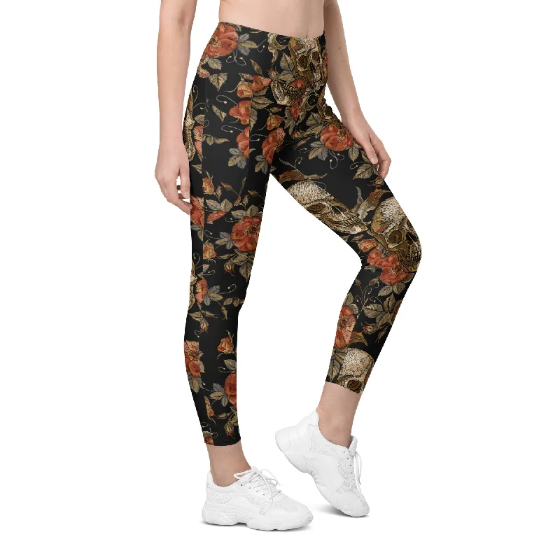 Cozy Fitting Embroidery Print Skull Leggings With Pockets