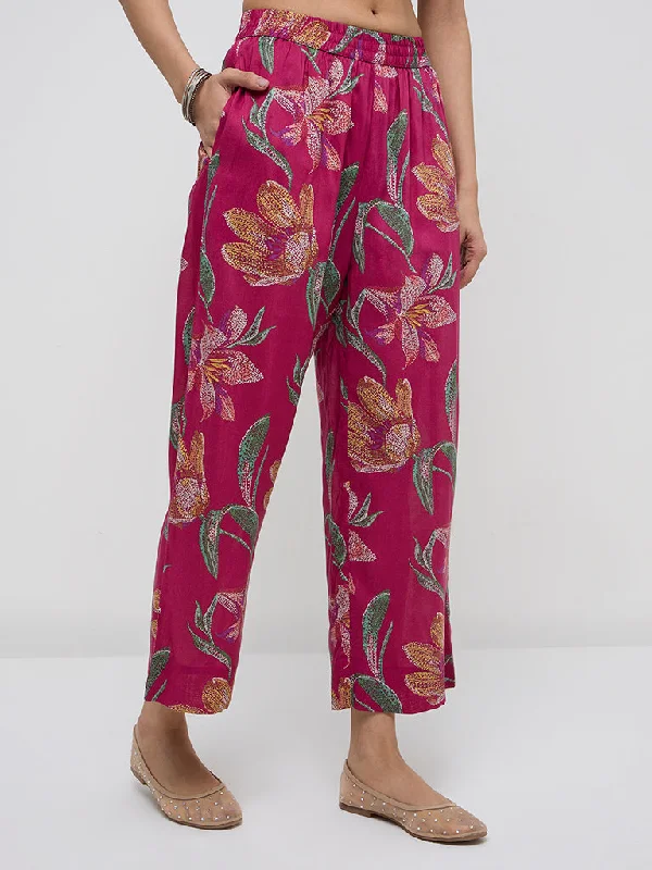 Girl Style Utsa Magenta Floral Design High-Rise Ethnic Pants
