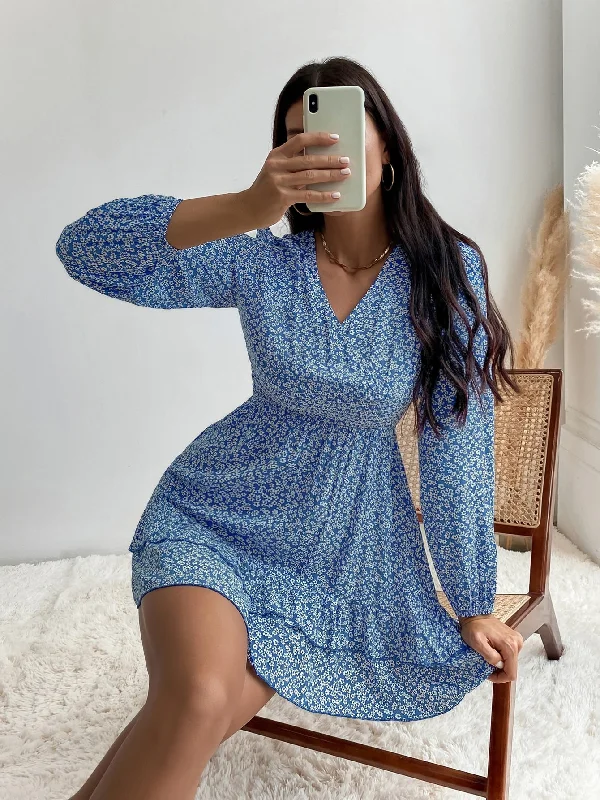 Breathable Design Ditsy Floral Tiered Layer Long Sleeve V Neck Layered/Tiered High Waist Short Dress
