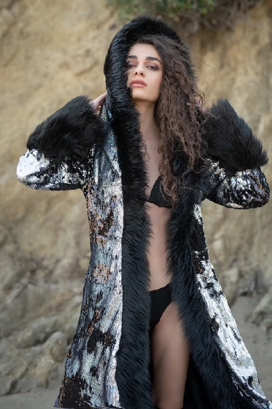 Practical Style Women's Sequin Temptress Coat in "Silver Hologram/ Black"