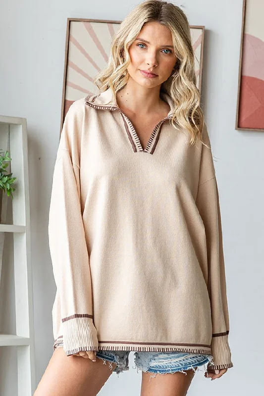 Elegant Wear Beige Contrast Trim Collared Sweater