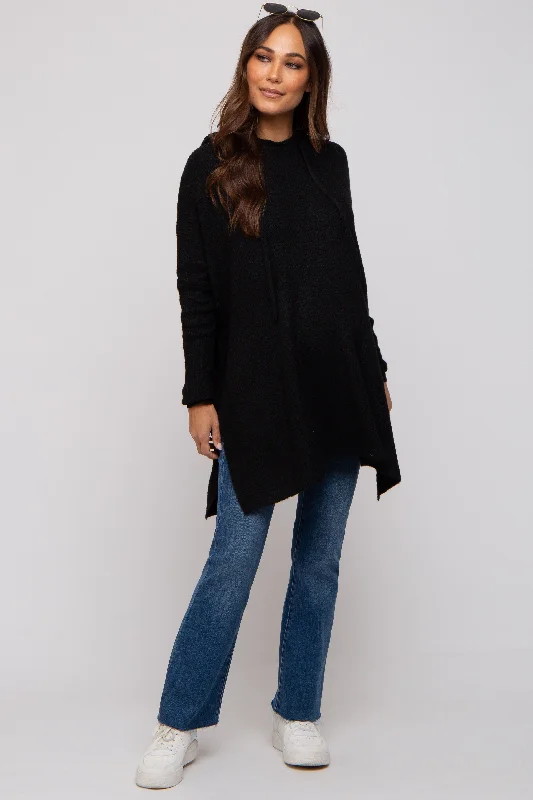 Personalized Wear Black Knit Hooded Side Slit Maternity Sweater