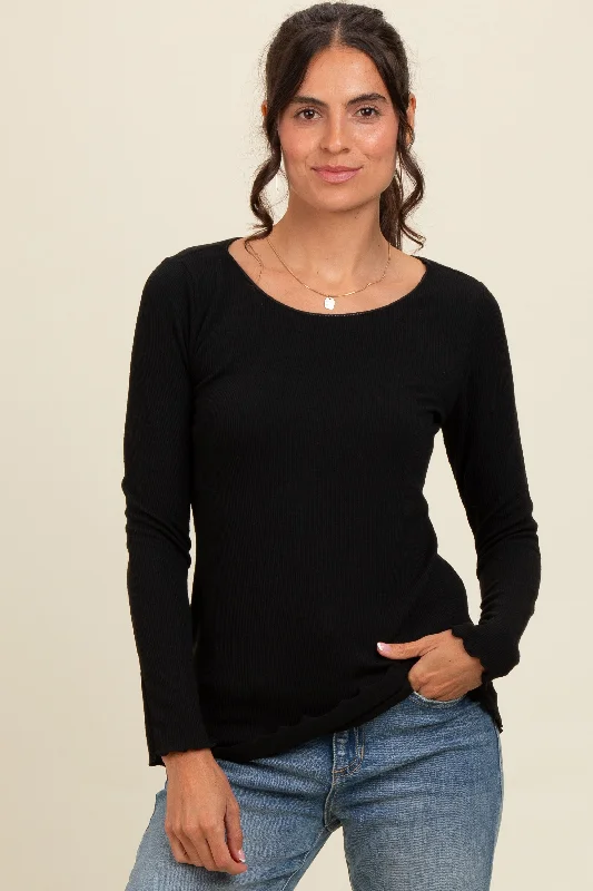 Spiritual Vitality Black Ribbed Knit Long Sleeve Lettuce Hem Top