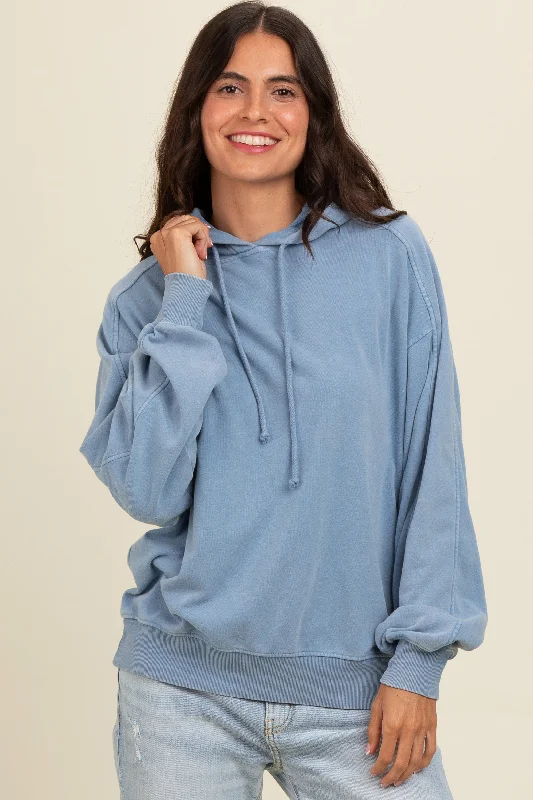 Fresh And Natural Blue Vintage Wash Oversized Drawstring Hoodie