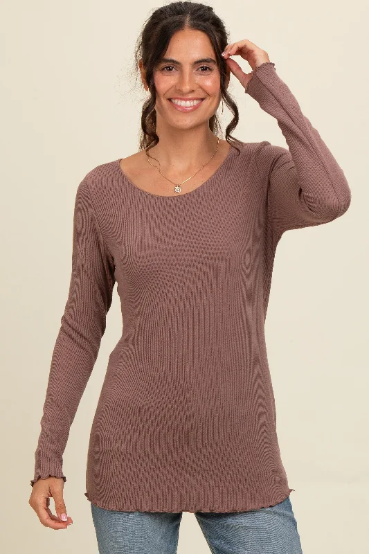 Simple And Comfortable Brown Ribbed Knit Long Sleeve Lettuce Hem Top