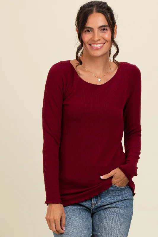Warm Atmosphere Burgundy Ribbed Knit Long Sleeve Lettuce Hem Top