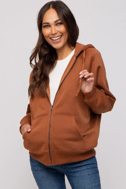 Age-reducing Style Camel Front Zipper Hooded Maternity Sweater