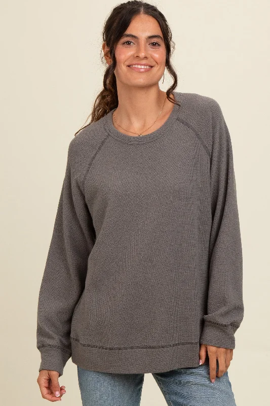 Cute Style Charcoal Crewneck Waffle Knit Pullover Top