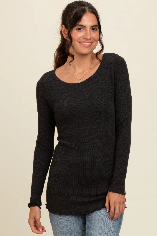 Casual And Comfortable Charcoal Ribbed Knit Long Sleeve Lettuce Hem Top