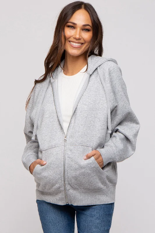 Youthful Street Fashion Heather Grey Front Zipper Hooded Maternity Sweater