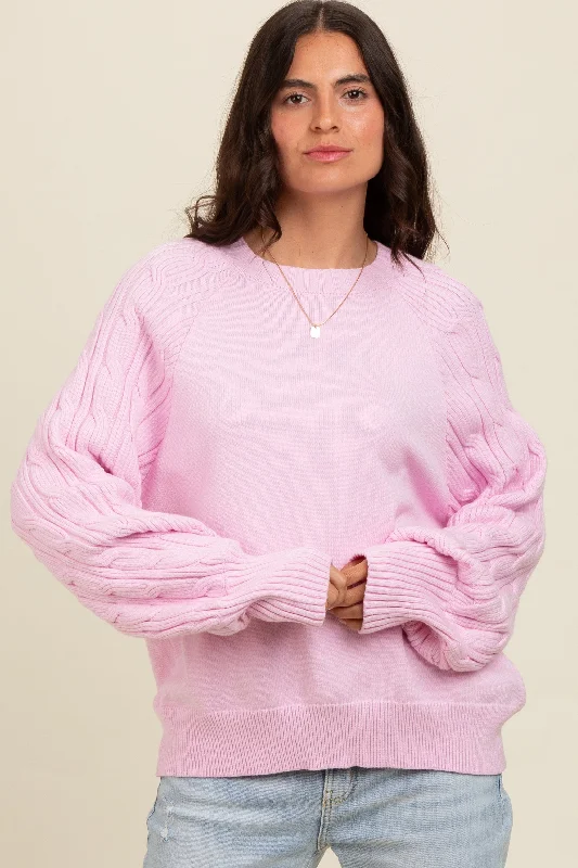 Comfortable And Cold-proof Lavender Contrast Cable Knit Sleeve Sweater