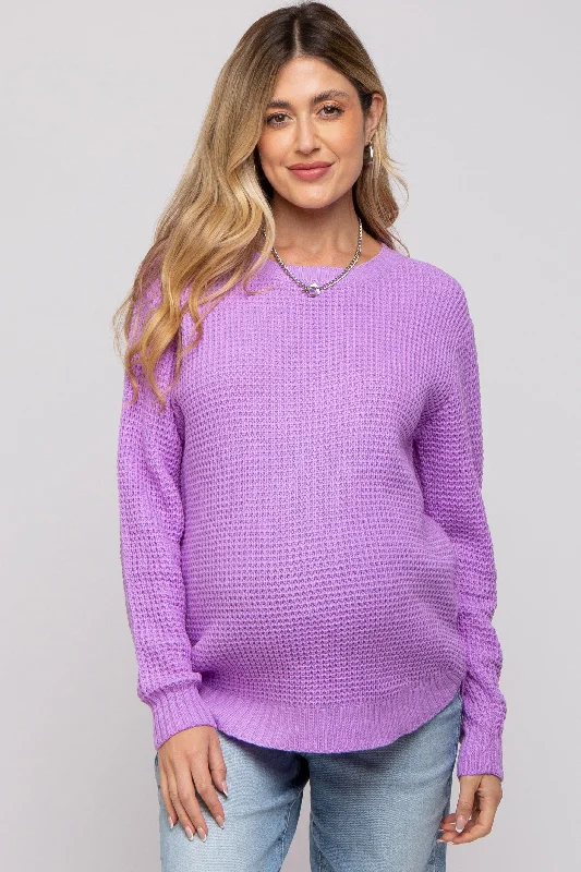 Retro Design Lavender Waffle Knit Round Hem Maternity Sweater