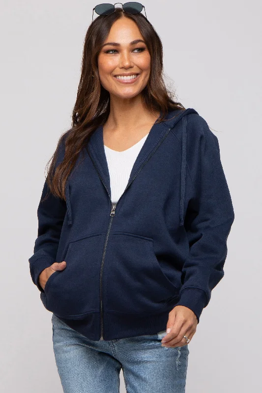 Elegant And Simple Navy Front Zipper Hooded Maternity Sweater