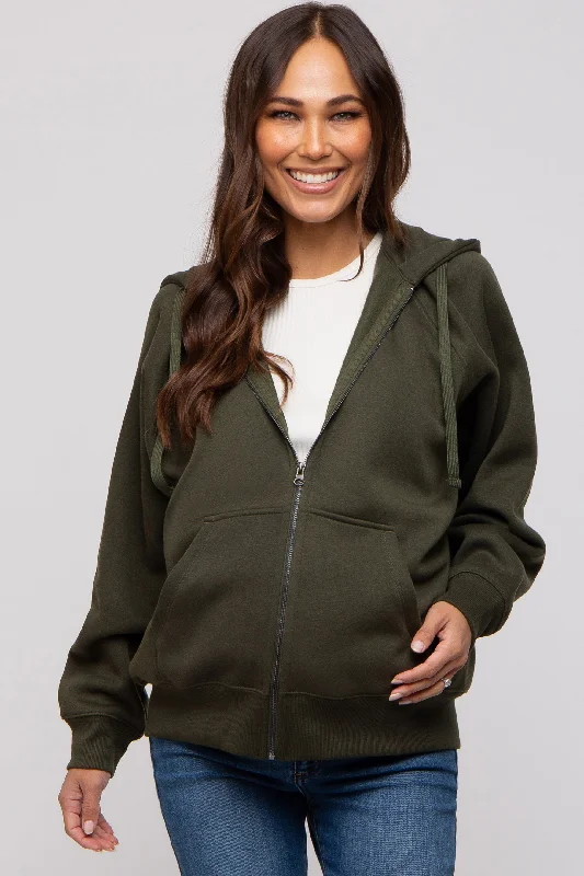 Modern City Olive Front Zipper Hooded Maternity Sweater