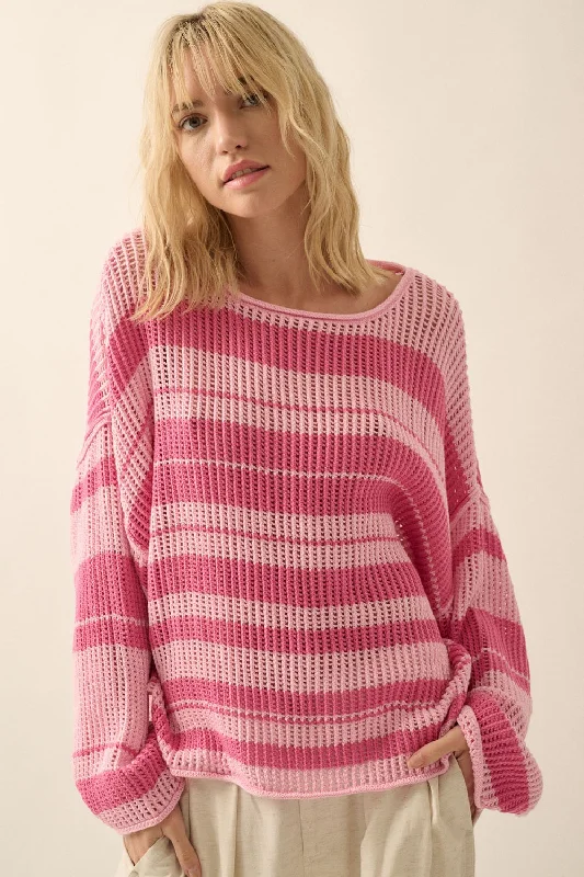 Design Perception Pink Oversized Stripe Colorblock Crochet Knit Sweater
