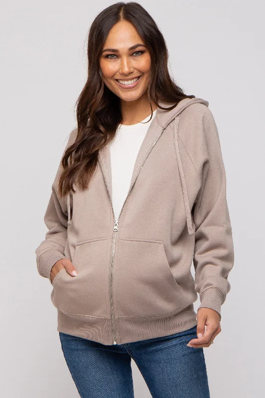 British Fashion Taupe Front Zipper Hooded Maternity Sweater