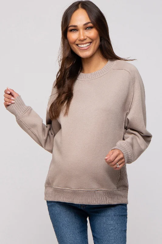 Casual Style Taupe Pullover Maternity Terry Crewneck